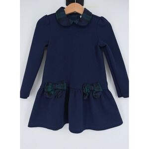 Janie and‎ Jack Navy Blue Tartan Bow Ponte Dress Long Sleeve Size 3